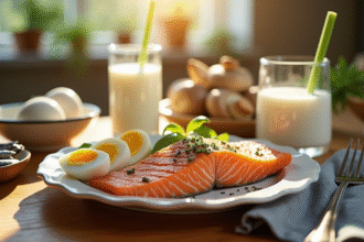 Table en bois avec aliments riches en vitamines sur la table