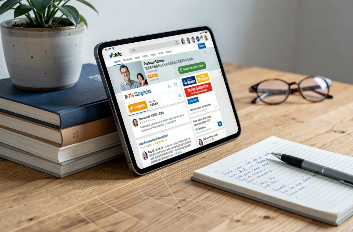 Tablette affichant un site d'avis et de notes en ligne posée sur un bureau avec des notes manuscrites