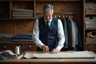 Tailleur homme mesurant un tissu en laine dans son atelier