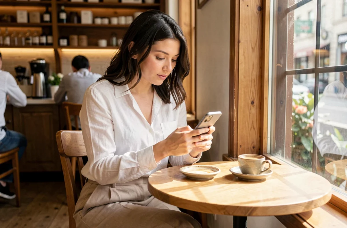 Femme utilisant le tchat NRJ sur mobile dans un café avec une tasse de café