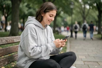 Jeune femme utilisant une application de tchat sur mobile dans un parc urbain