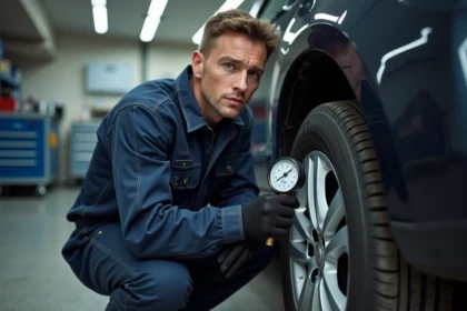 Technicien automobile vérifiant la pression des pneus avec un manomètre analogique affichant 69 PSI dans un atelier mécanique