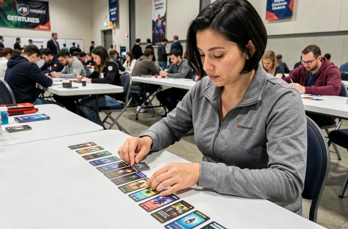 Joueuse préparant son deck de cartes lors d'un tournoi de jeu de cartes à collectionner avec l'extension Étincelles Déferlantes