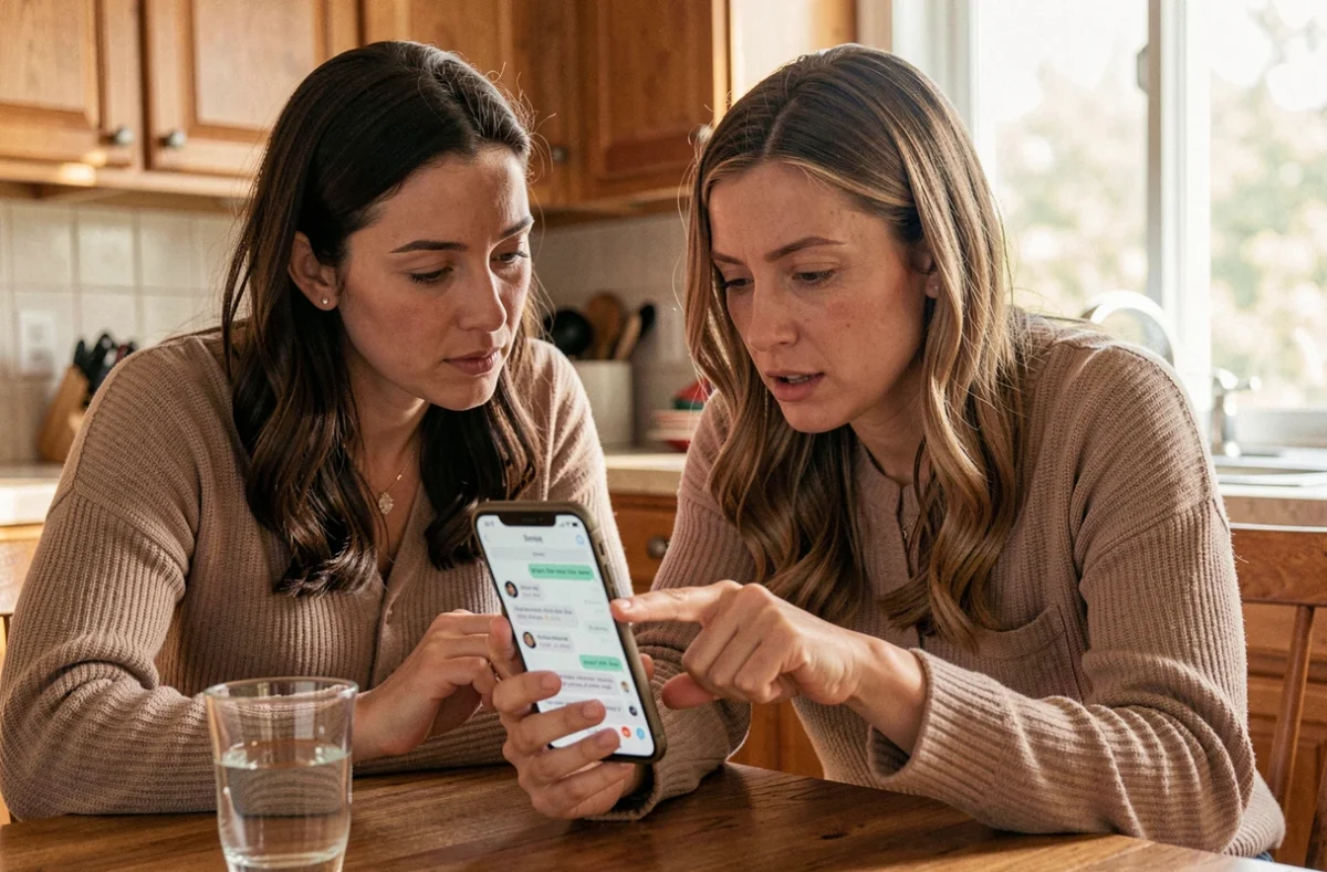 Femme montrant ouvertement des messages sur son téléphone à une amie attentive, illustrant la transparence totale sur la situation