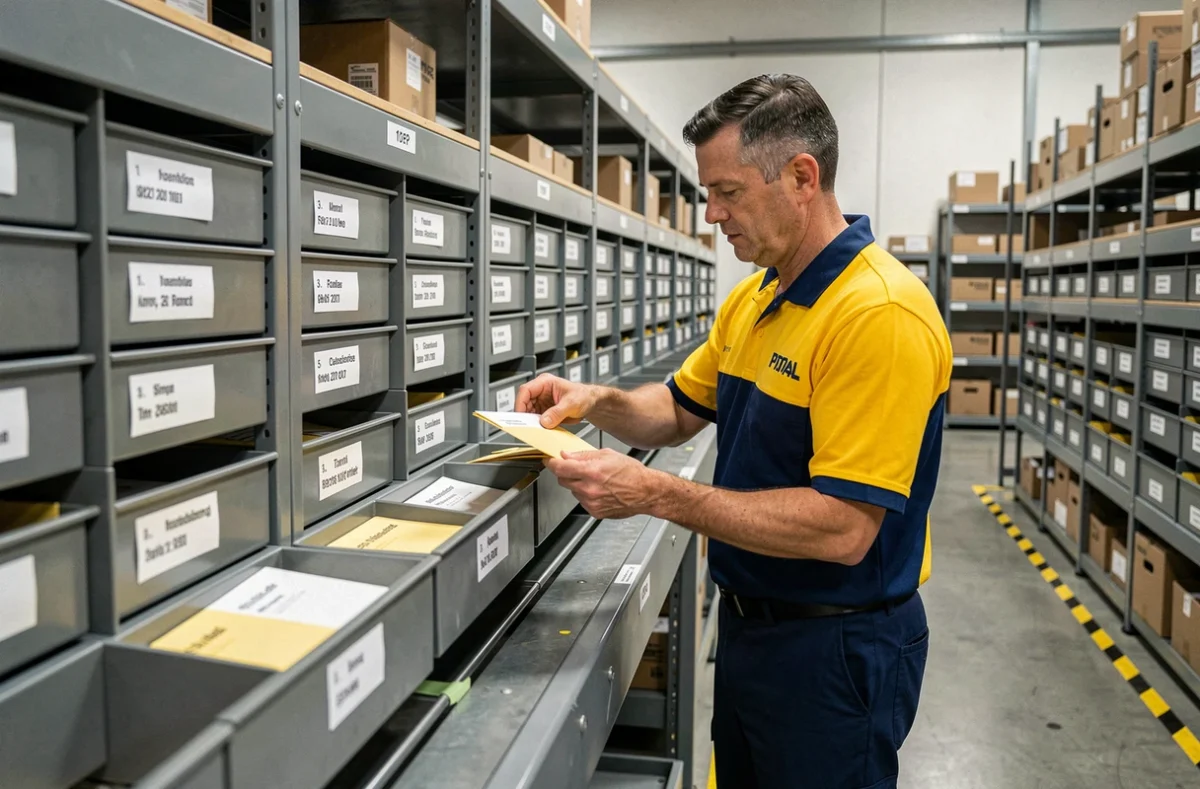 Agent postal triant des enveloppes selon les normes de libellé dans un centre de distribution
