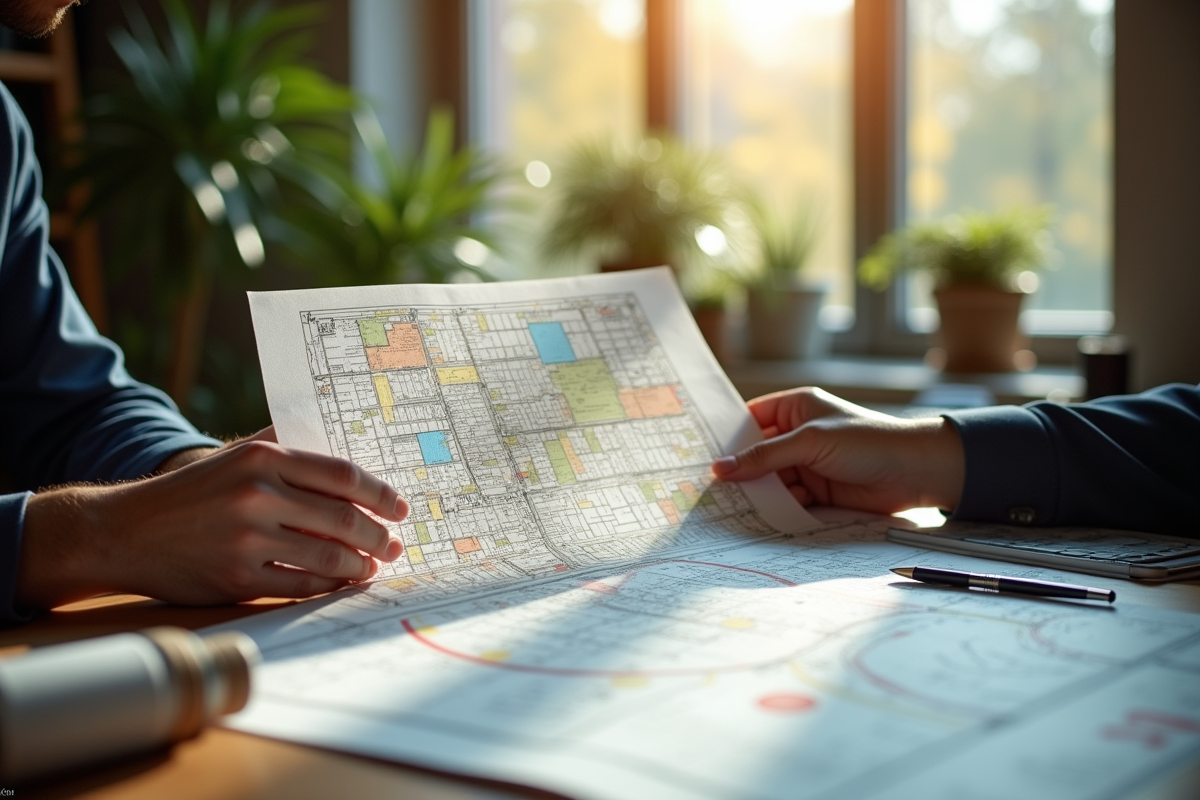 Urbaniste examinant des plans de ville au bureau en lumière naturelle