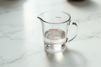 Verre mesureur rempli à 80 ml sur marbre blanc lumineux