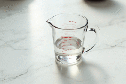 Verre mesureur rempli à 80 ml sur marbre blanc lumineux