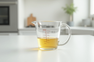 Verre mesureur de cuisine rempli à 100 ml en lumière naturelle