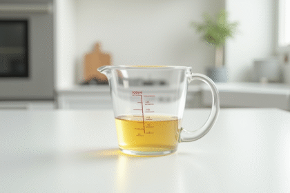 Verre mesureur de cuisine rempli à 100 ml en lumière naturelle