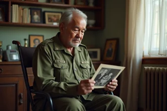 Vétéran de la guerre du Vietnam en uniforme assis avec photo