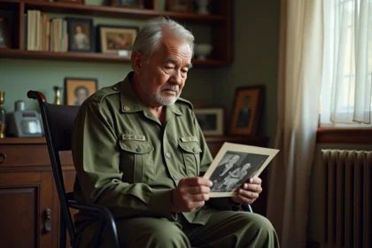 Vétéran de la guerre du Vietnam en uniforme assis avec photo