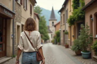 Femme se promenant dans une rue tranquille de Saralbe avec commerces locaux en arrière-plan, illustrant la vie quotidienne dans ce village de Moselle