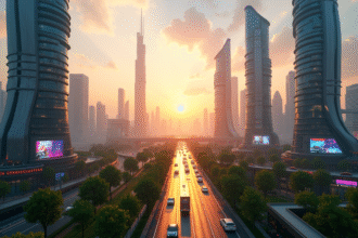 Ville futuriste au lever du soleil avec gratte-ciel et jardins