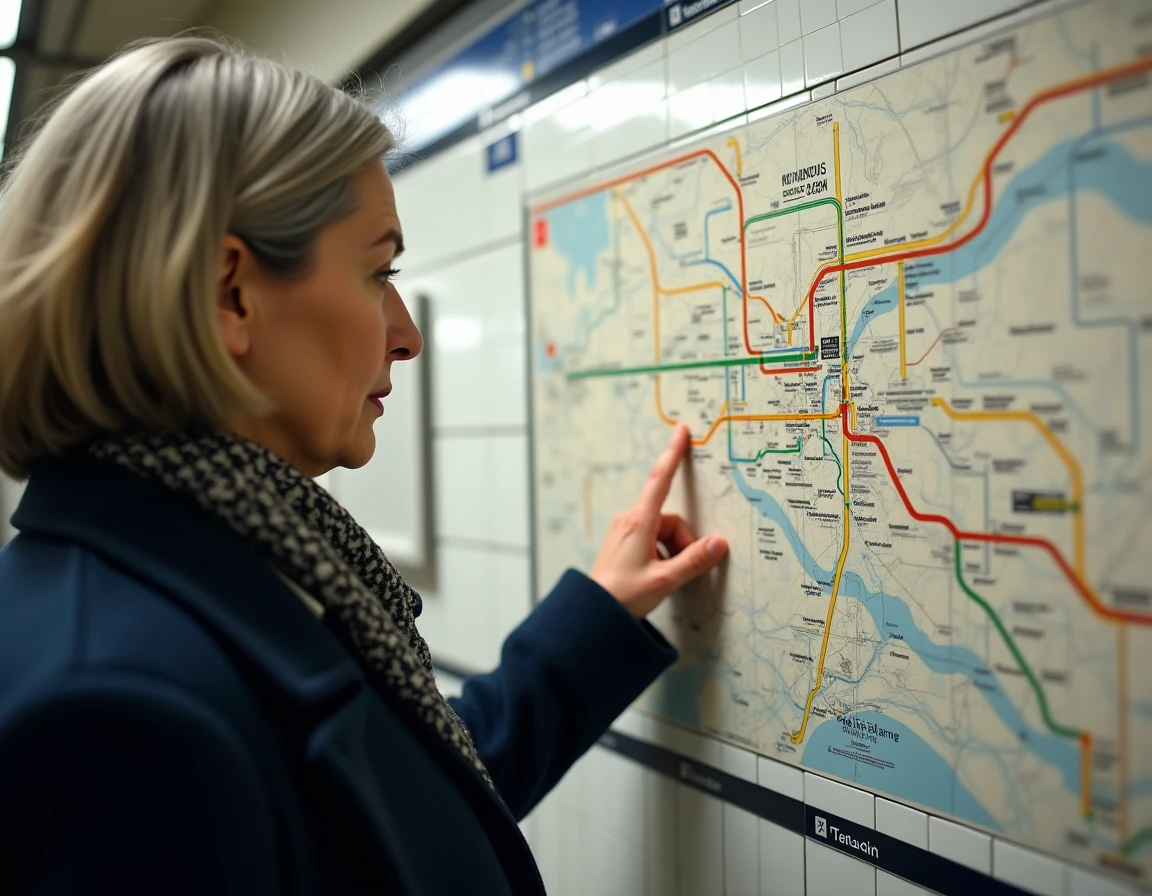 Voyageuse consultant le plan de la ligne 3 RATP avec correspondances RER, bus et tramway