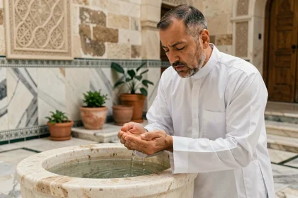 Homme effectuant le woudou dans la cour d'une mosquée, mains sous l'eau, invocation murmurée avant la petite ablution islamique