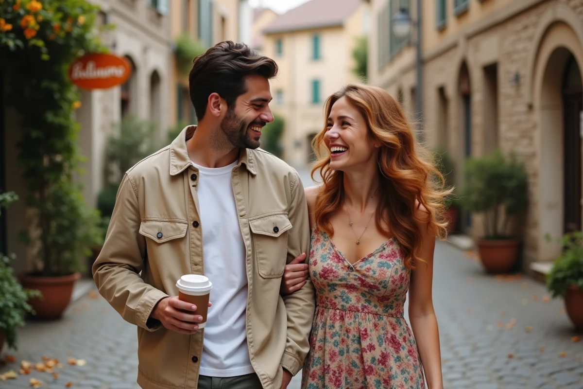 Yoann Usai et sa compagne se promenant dans un village français, couple complice en 2026