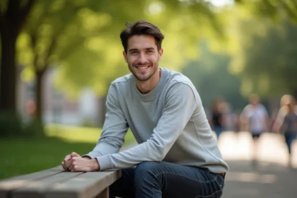 Yoann Usai souriant dans un parc urbain, portrait lifestyle en couple 2026